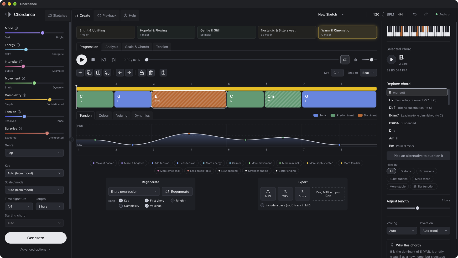 Chordance with a Pop progression in G major on the timeline, the seven vibe sliders on the left, its tension curve below, and the selected B chord's alternatives, length and voicing in the right-hand column.
