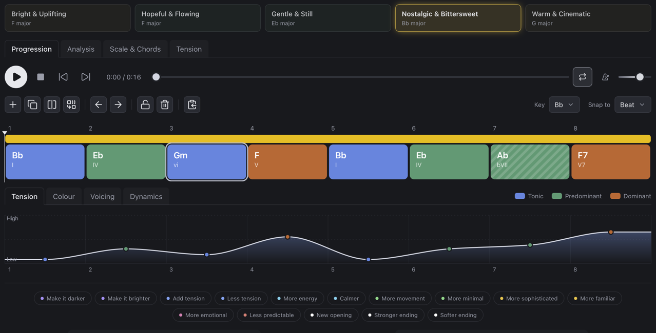 Chordance's Create view: five generated ideas, a Bb major Pop progression on the timeline coloured by chord function, its tension curve, and buttons to push it darker, brighter, calmer and more.